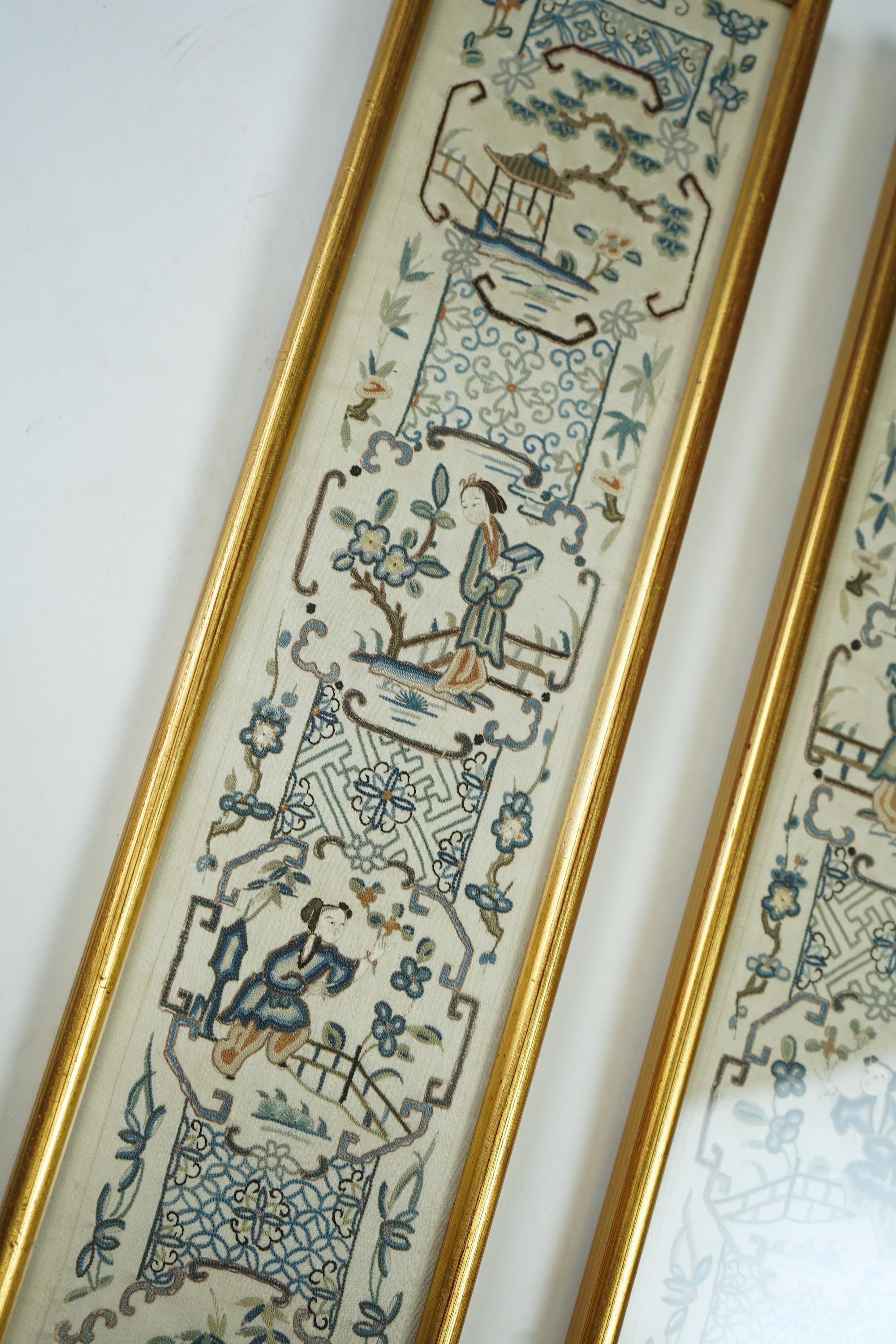 A pair of 19th century Chinese figural silk embroidered sleeve bands. Embroidered in Chinese knot stitch, mostly in blues silk threads on a cream silk backing. 49cm long x 9.5cm wide., Condition - backing fabric and embr